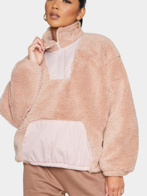 Dusty Pink Teddy Faux Fur Contrast Oversized...