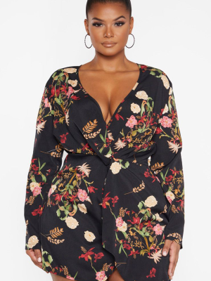 Plus Black Floral Printed Satin Long Sleeve...