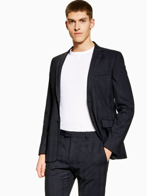 Premium Navy Check Single Breasted Skinny Fit Suit Blazer With Notch Lapels