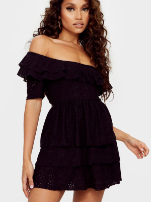 Petite Black Broderie Frill Skirt Bardot Dress