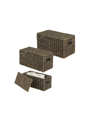 Mdesign Woven Seagrass Home Storage Basket With Lid, Set Of 3