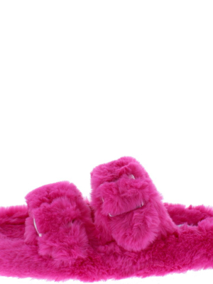 Andrea269 Fuchsia Faux Fur Dual Buckle Strap Slide Sandal