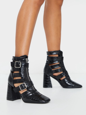 Black Flare Block Heel Buckle Open Ankle Boots