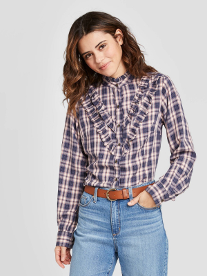 Women's Plaid Ruffle Long Sleeve Henley Button-down Shirt - Universal Thread™ Blue