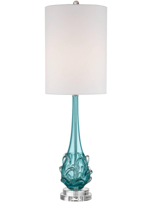 Possini Euro Design Coastal Table Lamp Clear Teal Blue Glass Swirl Off White Tall Drum Shade For Living Room Family Bedroom