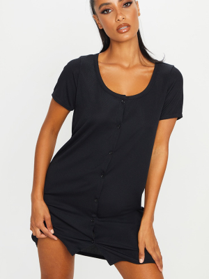 Black Rib Button Up Short Sleeve T Shirt Dress