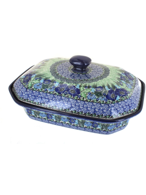 Blue Rose Polish Pottery Sapphire Fields Large Covered Baking Dish