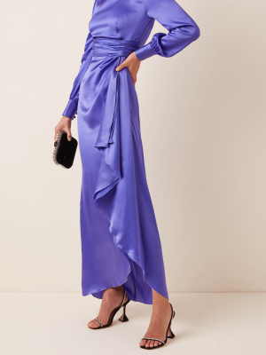 Belted Silk Satin High-neck Gown