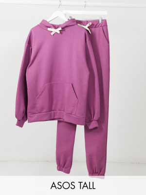 Asos Design Tall Tracksuit Oversized Hoodie With Contrast Ties / Oversized Sweatpants In Berry