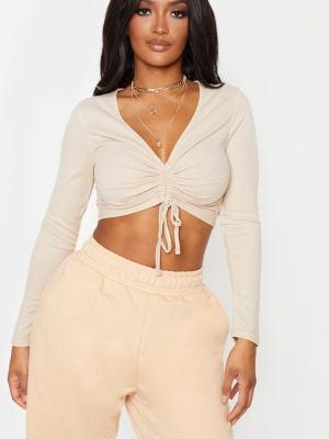 Shape Sand Ribbed Long Sleeve Ruched Front Crop...