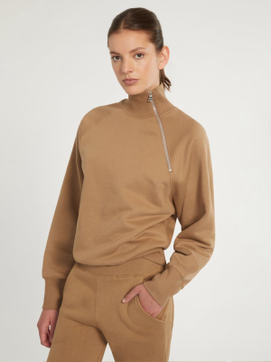 So Uptight French Terry Funnel Neck Zip Sweatshirt In Light Mocha