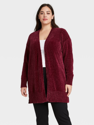 Women's Plus Size Open Neck Chenille Cardigan - Ava & Viv™ Dark Red