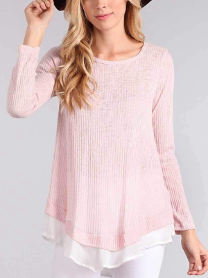 Chris And Carol Knit Sweater With Chiffon Detail In Pink 1601066t