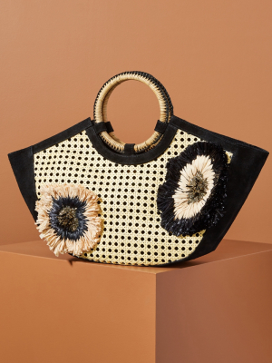 Floral-embellished Rattan Tote Bag