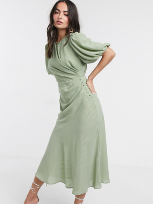 Asos Design Ruched Maxi Dress With Puff Sleeve In Self Check In Sage Green