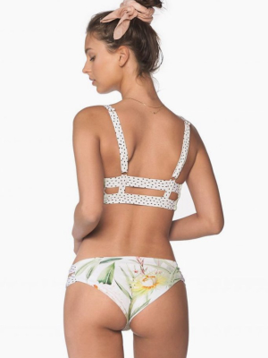 Double Strap Side Cut Out Bikini Bottom - Silent White Vegflor Print