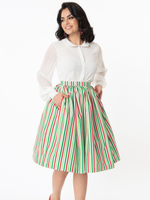 Magnolia Place Red & Green Holiday Stripe Print Gathered Swing Skirt