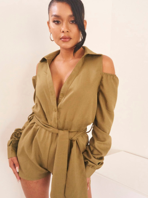 Khaki Cold Shoulder Ruched Sleeve Shirt Romper