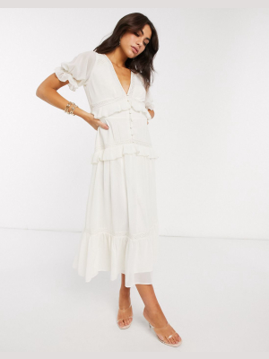 Asos Design Button Through Lace Insert Tiered Midi Dress In Ivory