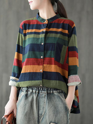 Plus Size - Vintage Striped Long Sleeve 100%cotton Shirt