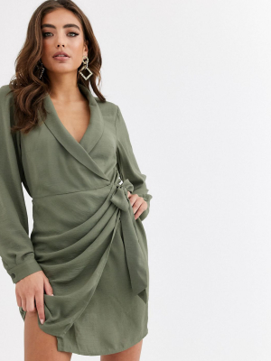 Asos Design Collared Wrap Mini Dress In Khaki