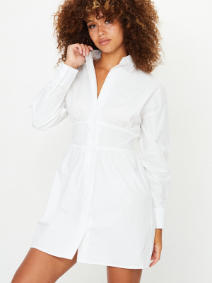 White Waist Binding Detail Long Sleeve Shirt Dress