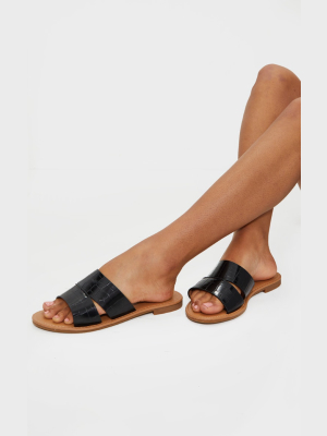 Black Croc Wide Fit Double Strap Mule Flat Sandal