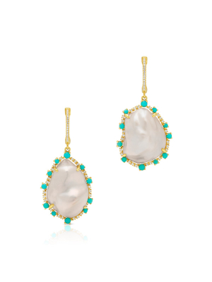 14kt Yellow Gold Baroque Pearl Turquoise Diamond Moorea Earrings