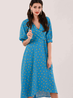 Blue Puff Sleeve Wrap Dress