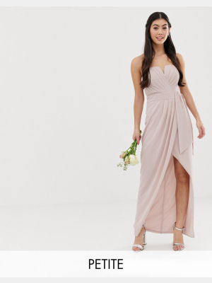 Tfnc Petite Bridesmaid Exclusive Bandeau Wrap Midaxi Dress With Pleated Detail In Taupe