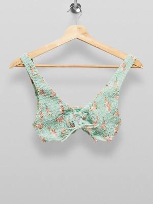 Blue Floral Print Ring Crop Bikini Top