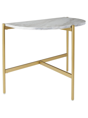 Crescent Moon Shaped Marble Top Metal Chair Side End Table White/gold - Benzara