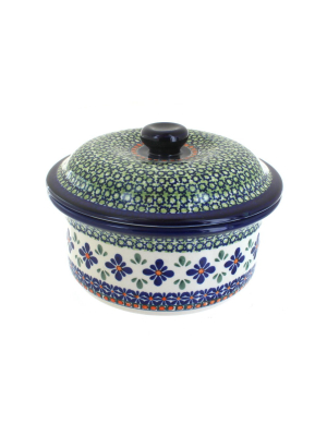 Blue Rose Polish Pottery Mosaic Flower Round Baker With Lid