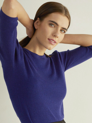 Ribbed Elbow Puff Sleeve Crew In Blue