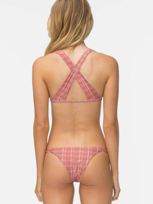 Asher Knotted Thin Strap Bikini Bottom - Rust Red Plaid Print