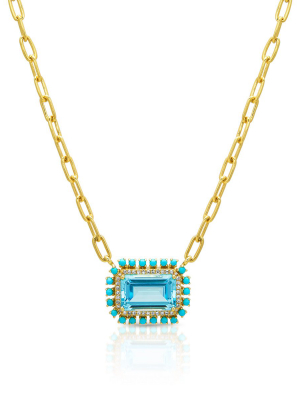 18kt Yellow Gold Blue Topaz Turquoise Diamond Portofino Chain Link Necklace