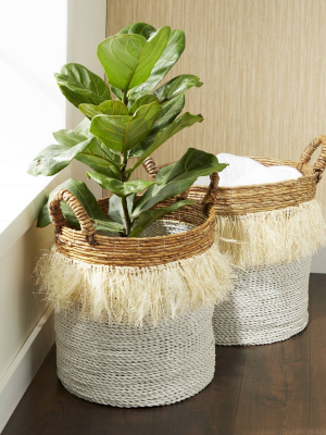 Olivia & May Set Of 2 Large Round Seagrass Baskets With Handles Banana Bark And Fringe Detail White