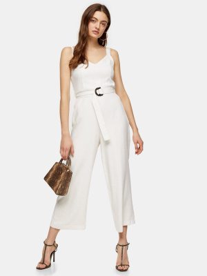 Cream Belted Jumpsuit With Linen