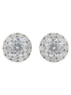 Women's Sterling Silver Cubic Zirconia Round Halo Button Earring - A New Day™ Silver/clear