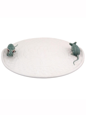 Bordallo Pinheiro White Lily Cheese Tray With Mouse In Green & White