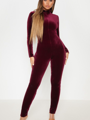 Wine Velvet Zip Front High Neck Jumpsuit