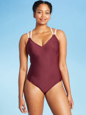 Women's Double Strap Laser Cut Back One Piece Swimsuit - All In Motion™ Burgundy