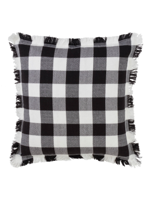 20"x20" Fringed Buffalo Plaid Down Filled Throw Pillow Black - Saro Lifestyle