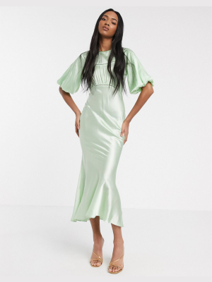 Asos Design Satin Midi Tea Dress With Lace Inserts In Green