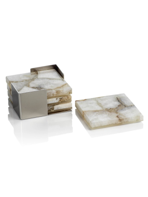 Set/4 Crete Agate Coasters On Metal Tray - Taupe/white