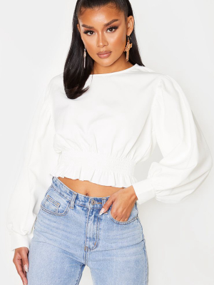 White Woven Puff Sleeve Ruched Waist Blouse