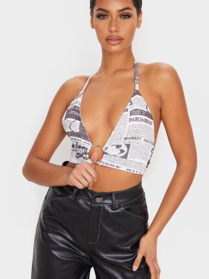 White Newspaper Print Plunge Ring Detail Bralet