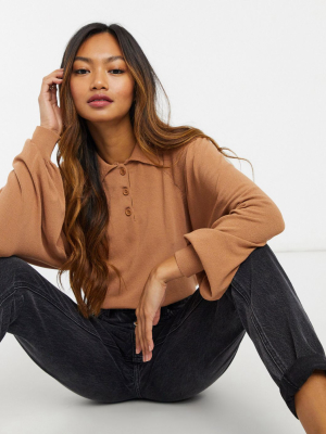 Asos Design Sweater With Collar And Volume Sleeves In Camel