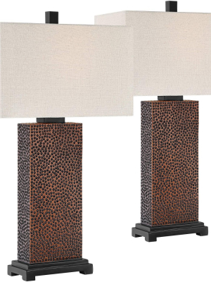 360 Lighting Modern Table Lamps Set Of 2 Speckled Brown Column Rectangular Fabric Shade Living Room Bedroom Bedside Office Family