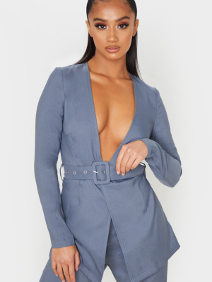 Petite Petrol Blue Belted Woven Suit Jacket